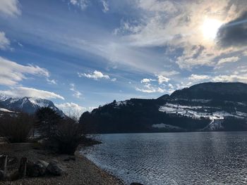 Scenic view of lake by mountains against sky