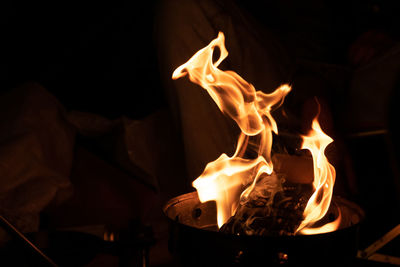 Close-up of fire in the dark