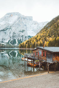 Scenic view of snowcapped mountains by lake against sky