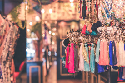 Close-up of key rings hanging in store