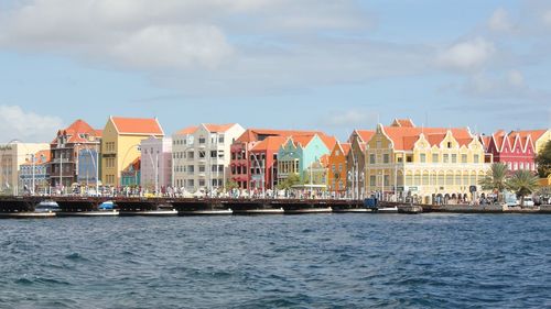 View of buildings by sea against cloudy sky