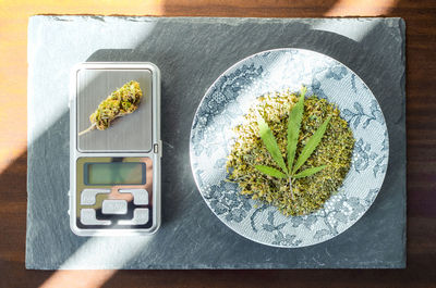 High angle view of potted plant on table