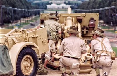 Rear view of army soldiers at war