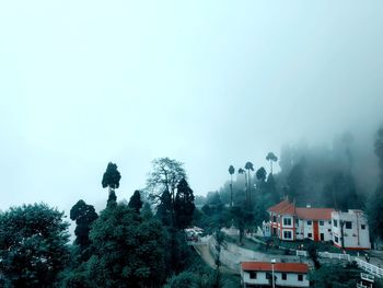 Trees and buildings against sky during winter