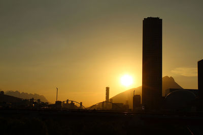 Silhouette of city at sunset