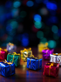 Close-up of christmas presents on table