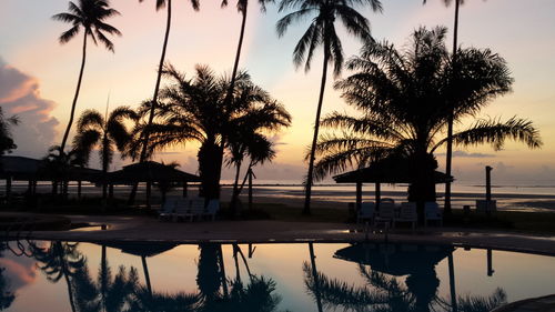 Reflection of palm trees in lake against sky during sunset