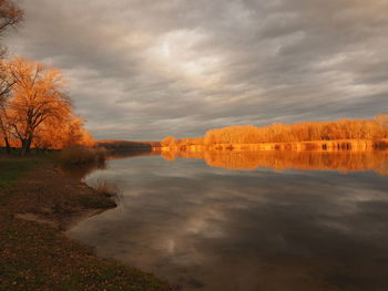 Scenic view of lake against cloudy sky