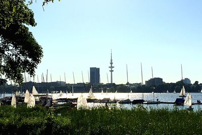 View of built structures against clear sky