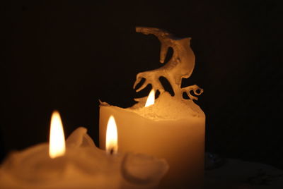 Close-up of burning candles against black background