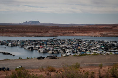 Wide shot of boats in marina at lake powell, arizona, usa