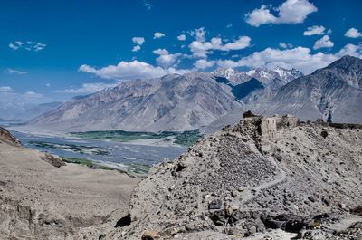 Scenic view of snowcapped mountains against sky