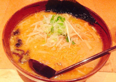 High angle view of soup in bowl on table