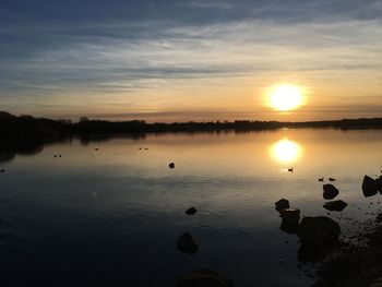 Birds swimming in lake against sky during sunset