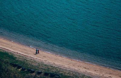 High angle view of people walking at beach