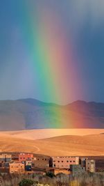 Scenic view of rainbow over houses against sky