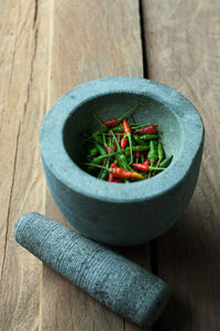 High angle view of vegetables in bowl on table