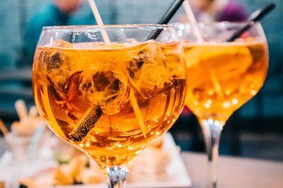 Close-up of beer glass on table