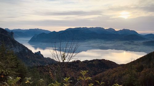 Scenic view of mountains against sky during sunset