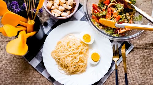 High angle view of food served on table