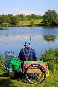 Rear view of senior man fishing in lake