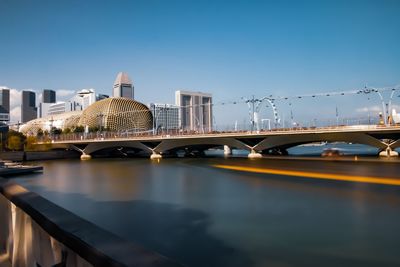 Bridge over river in city against clear sky