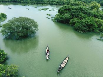 Aerial view of two canoes on river