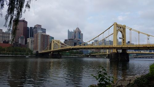 Bridge over river against cloudy sky