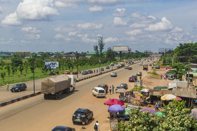 High angle view of cars on street in city