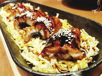 Close-up of served food in plate