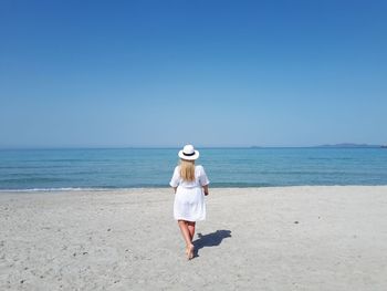 Full length rear view of man on beach against clear sky