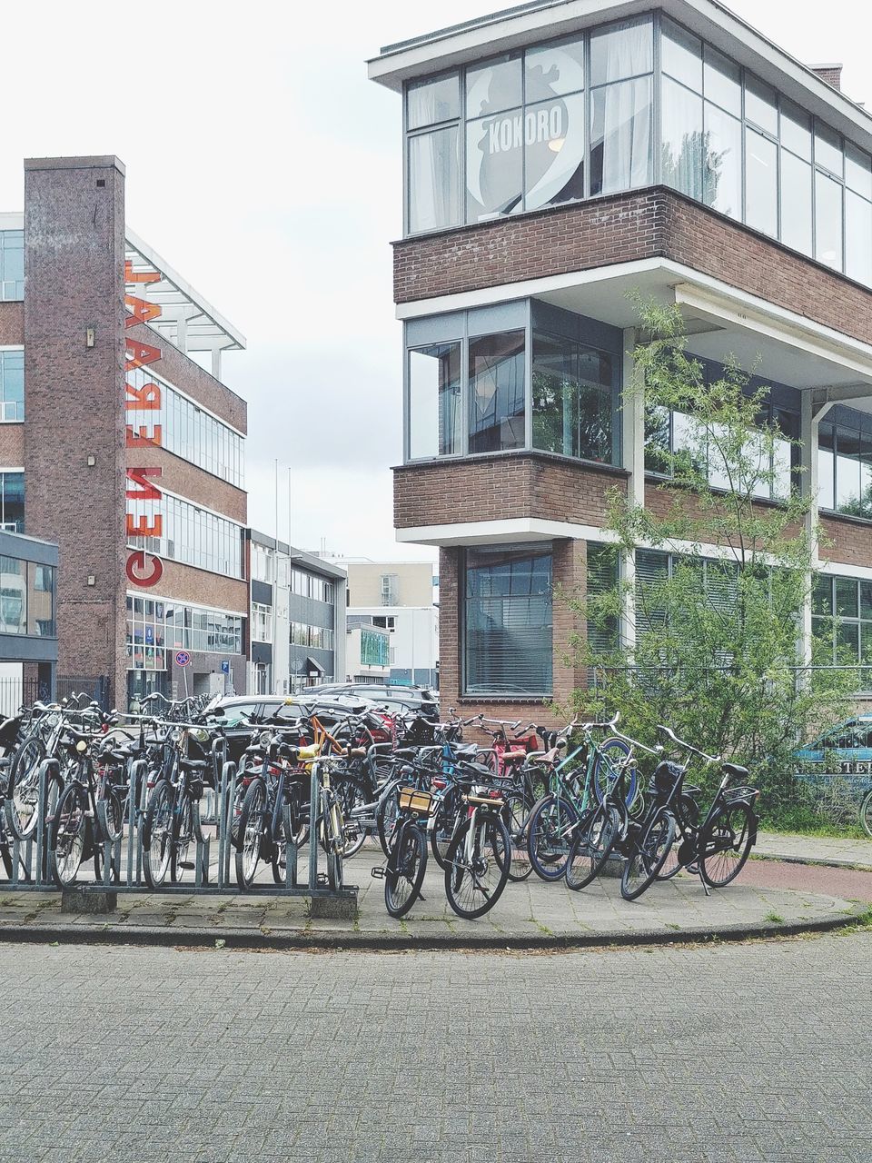 BICYCLES PARKED ON STREET AGAINST BUILDING