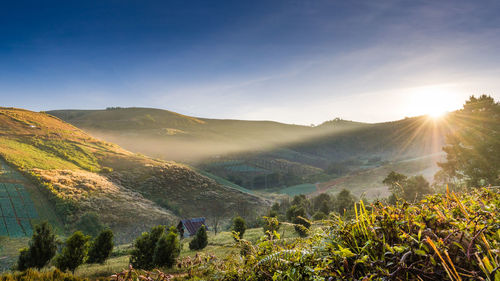 Scenic view of mountains against sky during sunset
