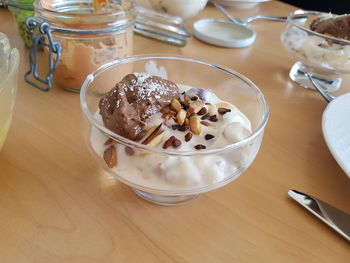 High angle view of ice cream in bowl on table
