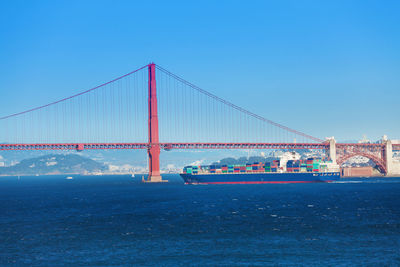 Suspension bridge over sea against clear blue sky