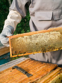 Midsection of man working on wood