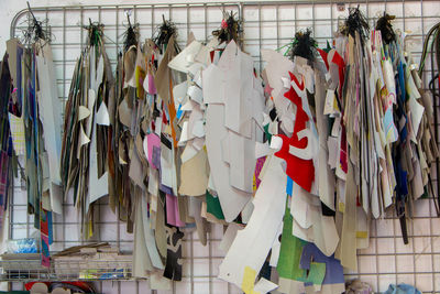 Low angle view of clothes hanging on wall