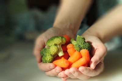 Cropped image of person holding broccolis and carrots