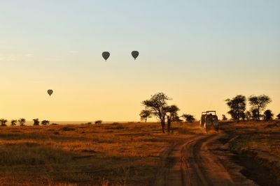 Hot air balloons over landscape against clear sky