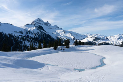 Scenic view of snowcapped mountains against sky