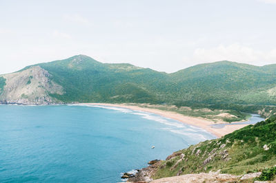 Scenic view of sea and mountains against sky