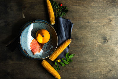 High angle view of fruits in bowl on table