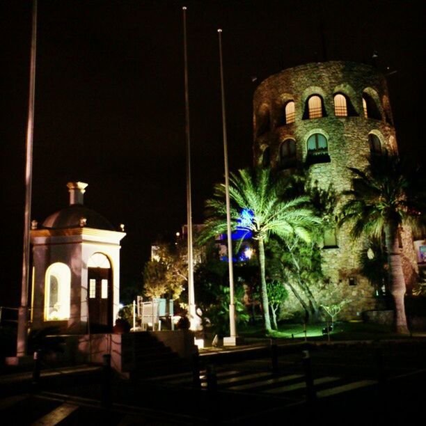 night, building exterior, illuminated, built structure, architecture, religion, place of worship, church, lighting equipment, spirituality, low angle view, street light, tree, outdoors, no people, sky, house, palm tree