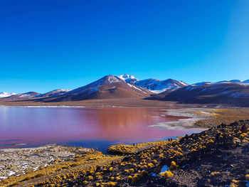 Scenic view of snowcapped mountains against blue sky