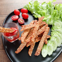 High angle view of breakfast served in plate