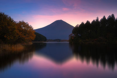 Scenic view of lake against sky during sunset