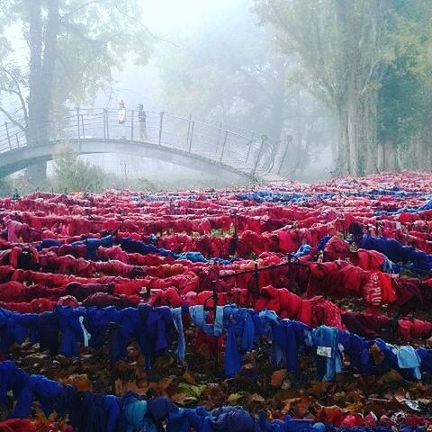 red, large group of people, outdoors, crowd, people, day, adults only, adult, sky