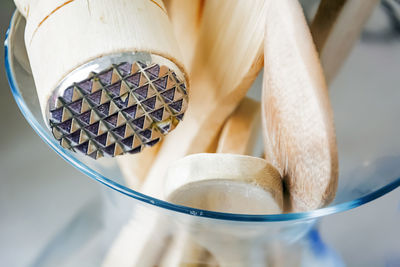 High angle view of bread in bowl on table