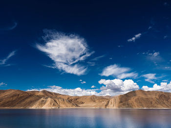 Scenic view of lake and mountains against blue sky