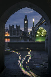 High angle view of illuminated bridge against sky at night